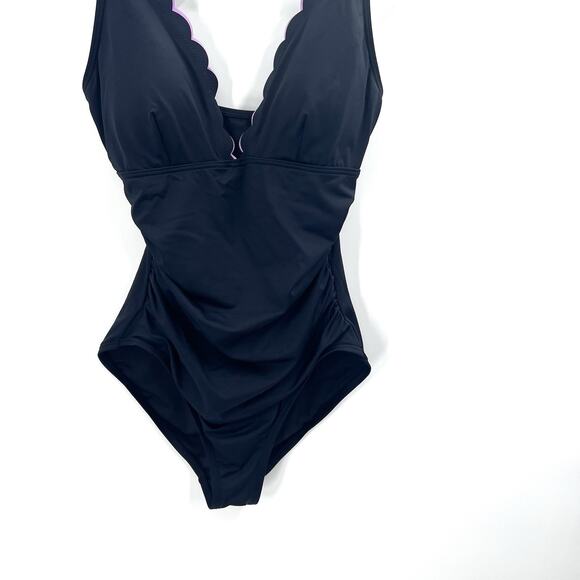 Kate Spade Black Scalloped Plunging One Piece Swim Suit Bathing Suit Large - Picture 6 of 9